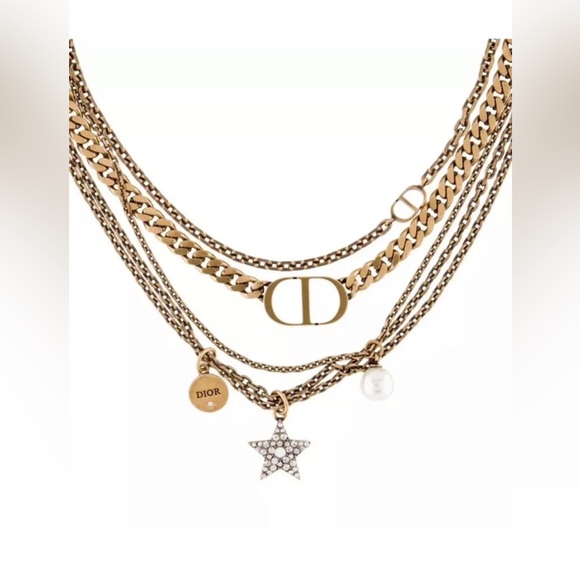 Christian Dior Multi Gold Chain Strand Link Star Crystals CD Necklace Vintage - Picture 2 of 4